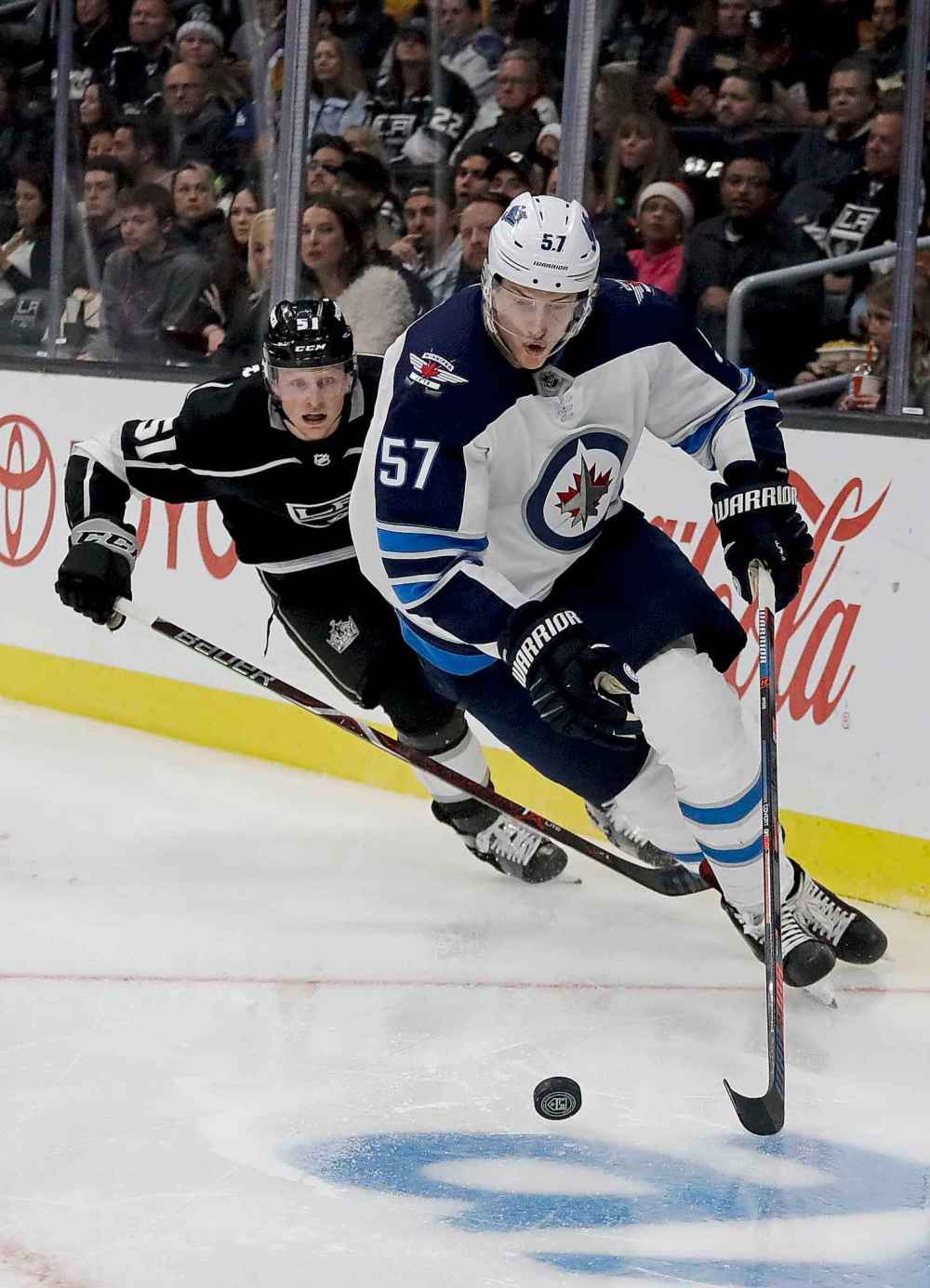 (AP Photo/Chris Carlson)
Winnipeg Jets defenceman Tyler Myers, right, vies for the puck against Los Angeles Kings left wing Austin Wagner during the second period.