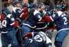 (AP Photo/Joe Mahoney)
Colorado Avalanche defenceman Nikita Zadorov hugs defenceman Erik Johnson as centre Nathan MacKinnon joins the celebration after Johnson scored the game-winning goal in overtime against the Winnipeg Jets in Denver, Thursday.