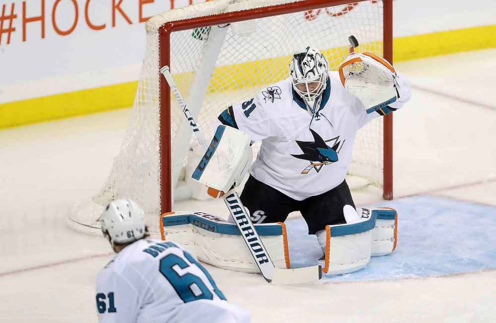 THE CANADIAN PRESS/Trevor Hagan
Winnipeg Jets' Blake Wheeler, not shown, scores on San Jose Sharks' goaltender Martin Jones during the first period.
