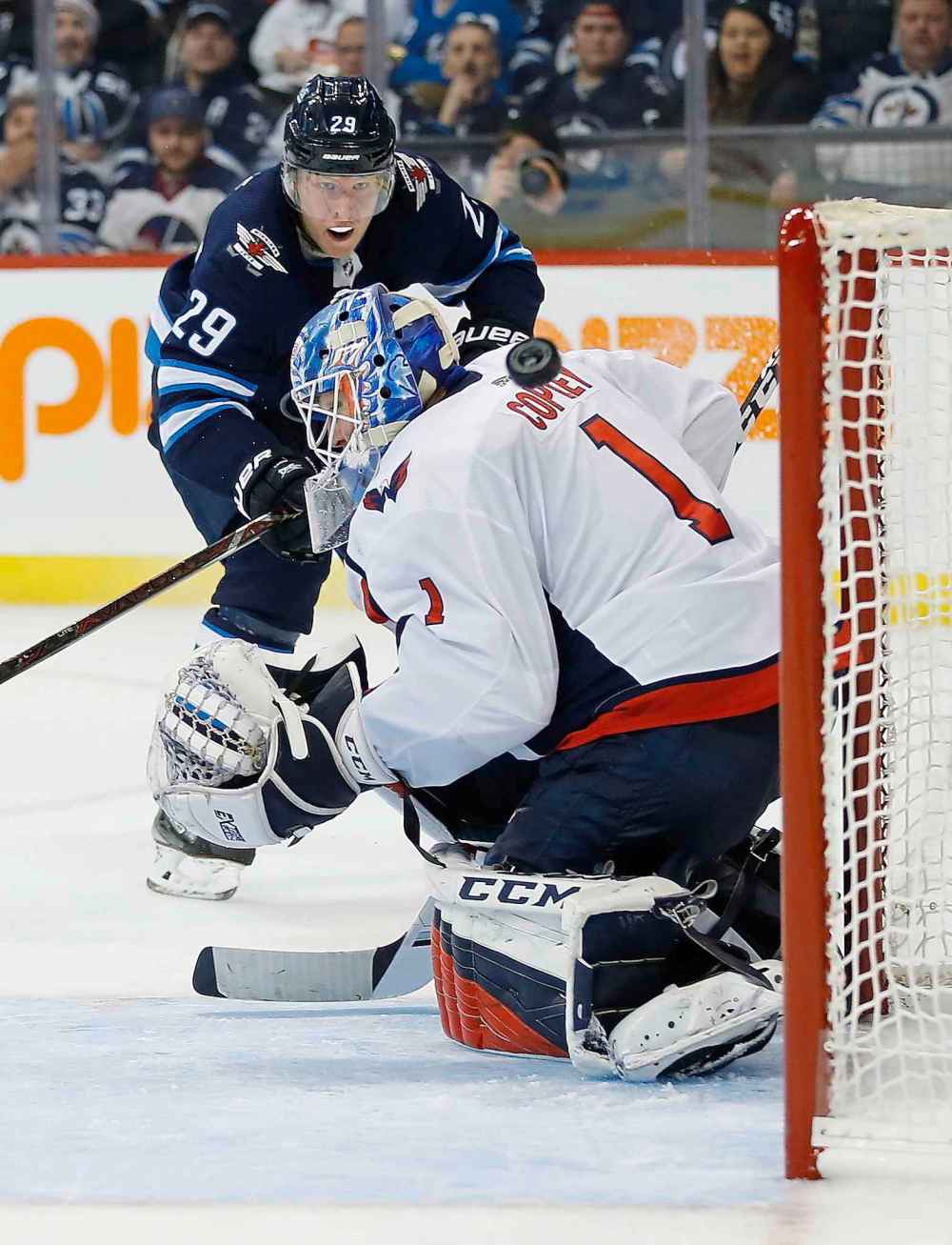 THE CANADIAN PRESS/John Woods
Winnipeg Jets' Patrik Laine watches his shot go just wide off Washington Capitals goaltender Pheonix Copley during the second period Wednesday.