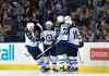 Jason Franson / The Canadian Press
Winnipeg Jets celebrate a goal against the Edmonton Oilers during second period NHL action in Edmonton Saturday. The Jets defeated the Oilers 2-1 in a shootout.