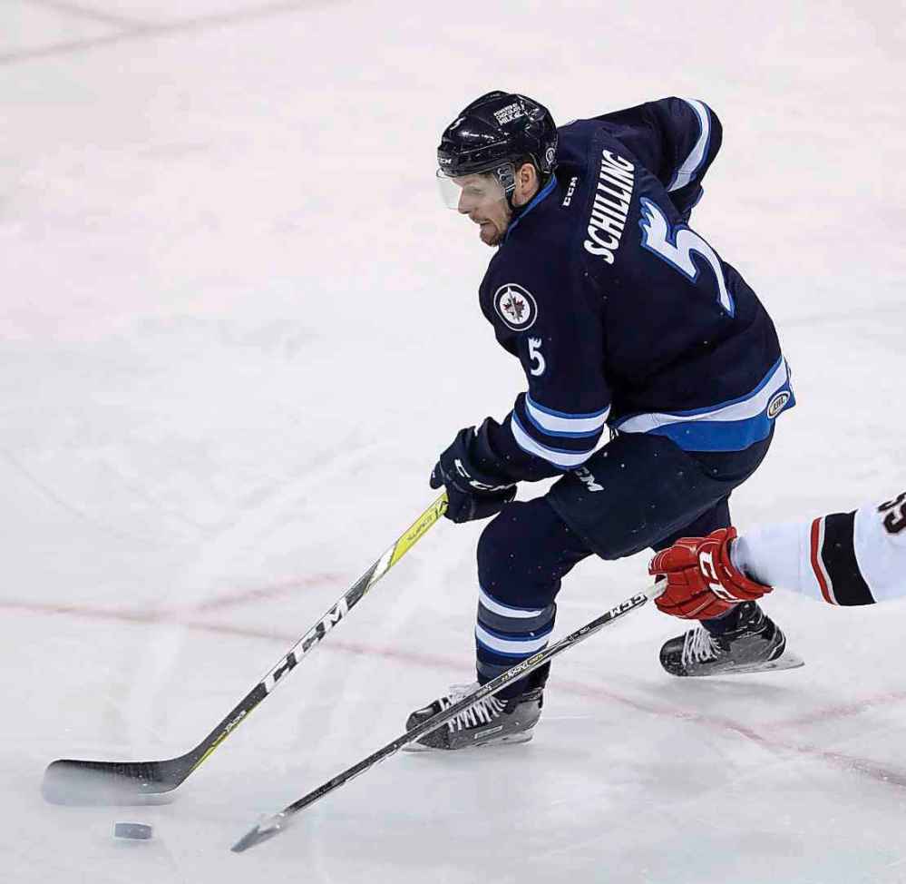 TREVOR HAGAN / WINNIPEG FREE PRESS FILES
Winnipeg Jets' Cameron Schilling had an assist in his first game after a call-up from the Manitoba Moose, Thursday.