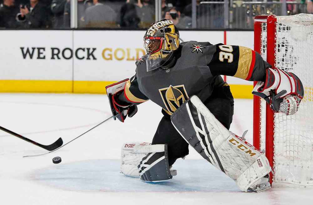 (AP Photo/John Locher)
Vegas Golden Knights goaltender Malcolm Subban blocks shot by the Winnipeg Jets during the first period.
