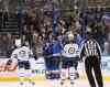 Chris Lee / St. Louis Post-Dispatch
St. Louis Blues right wing Vladimir Tarasenko and center David Backes, center, celebrate after Backes scored during second period action on Monday.