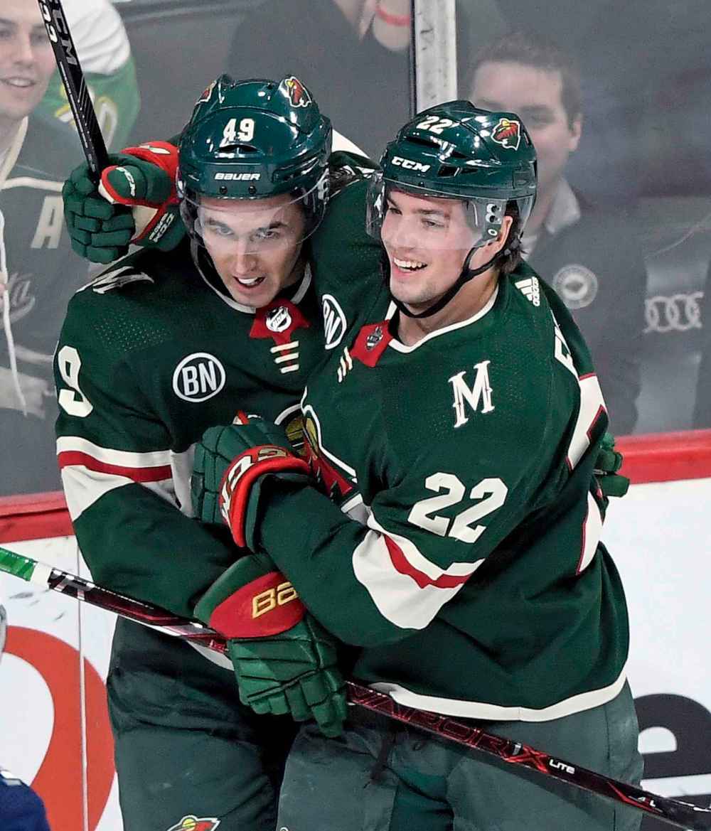 CP
Minnesota Wild center Victor Rask (49), of Sweden, and left wing Kevin Fiala (22), of Switzerland, celebrate a goal against the Winnipeg Jets by Rask during the first period of an NHL hockey game, Tuesday, April 2, 2019, in St. Paul, Minn. (AP Photo/Hannah Foslien)