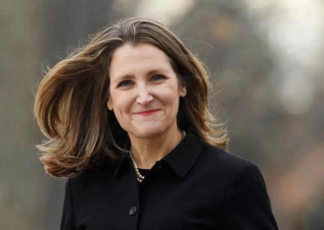 Liberal MP Chrystia Freeland arrives for the cabinet swearing-in ceremony in Ottawa on Wednesday, Nov. 20, 2019. THE CANADIAN PRESS/Adrian Wyld
