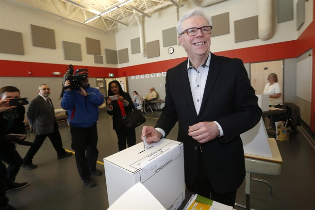 Manitoba NDP Leader and Premier Greg Selinger votes in the provincial election in Winnipeg, Tuesday, April 19, 2016. THE CANADIAN PRESS/John Woods
