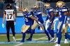 JOHN WOODS / THE CANADIAN PRESS
Winnipeg Blue Bombers' Justin Cole (93) celebrates his sack on TiCat QB Jeremiah Masoli.