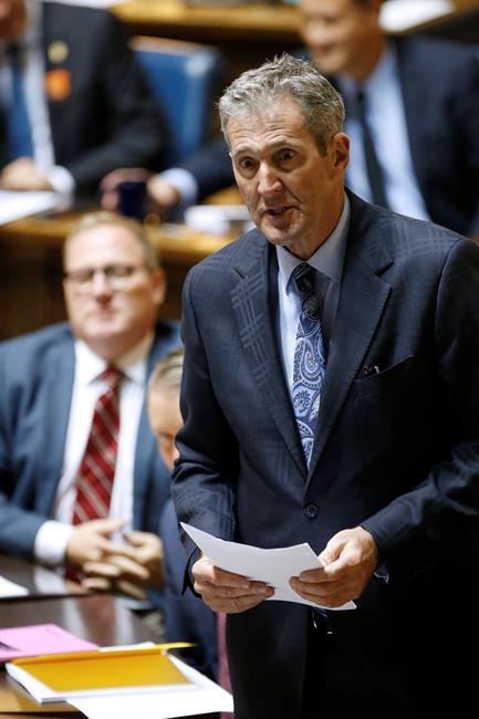 Manitoba premier Brian Pallister speaks after the reading of the Speech from the Throne at the Manitoba Legislature in Winnipeg, Monday, September 30, 2019. THE CANADIAN PRESS/John Woods
