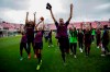 FC Barcelona players celebrate at the end of the Women's Champions League semifinal second leg soccer match between FC Barcelona and Bayern Munich at the Miniestadi stadium in Barcelona, Spain, Sunday, April 28, 2019. (AP Photo/Joan Monfort)