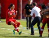 Canada's Christine Sinclair celebrates her game-winning stoppage-time penalty shot goal against China with head coach John Herdman against China during FIFA Women's World Cup soccer action in Edmonton, Alta., Saturday, June 6, 2015.THE CANADIAN PRESS/Jeff McIntosh