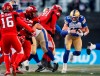 Winnipeg Blue Bombers quarterback Chris Streveler, right, runs the ball during CFL West Semifinal football action against the Calgary Stampeders, in Calgary, Sunday, Nov. 10, 2019. THE CANADIAN PRESS/Jeff McIntosh