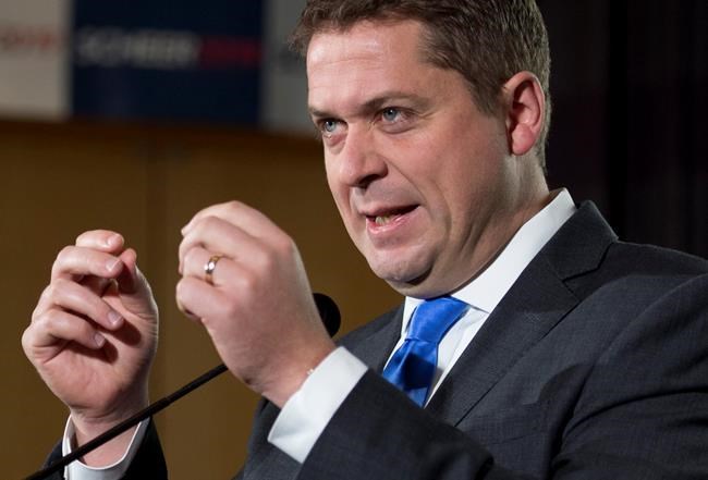 Conservative Leader Andrew Scheer delivers his morning announcement during a campaign stop in Burnaby, B.C. Saturday, October 12, 2019. THE CANADIAN PRESS/Jonathan Hayward