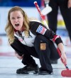 Canada skip Chelsea Carey calls a shot during the 3rd draw against Switzerland at the Women's World Curling Championship in Swift Current, Sask. Sunday, March 20, 2016. THE CANADIAN PRESS/Jonathan Hayward