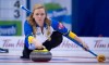 Alberta skip Chelsea Carey makes a shot during the 11th draw against Quebec at the Scotties Tournament of Hearts in Grande Prairie, Alta. Wednesday, Feb. 24, 2016. THE CANADIAN PRESS/Jonathan Hayward