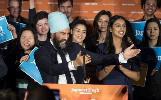 NDP leader Jagmeet Singh celebrates his Burnaby South byelection win in Burnaby, B.C., Monday, Feb. 25, 2019. THE CANADIAN PRESS/Jonathan Hayward