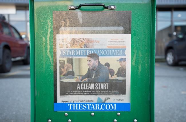 A StarMetro newspaper is pictured in a newspaper box in North Vancouver, Wednesday, November 20, 2019. StarMetro announced Wednesday that they plan on shutting down the paper across the country by mid-December 2019. THE CANADIAN PRESS/Jonathan Hayward