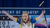 Alberta skip Chelsea Carey celebrates her win over Northern Ontario during the gold medal game at the Scotties Tournament of Hearts, in Grande Prairie, Alta., on Sunday, Feb. 28, 2016. THE CANADIAN PRESS/Jonathan Hayward