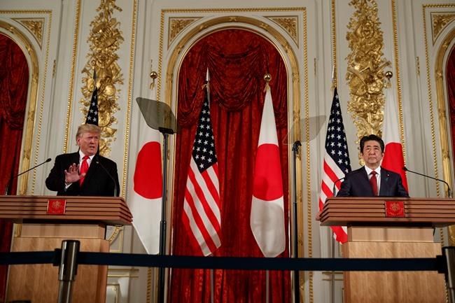 President Donald Trump speaks during a news conference with Japanese Prime Minister Shinzo Abe, right, at Akasaka Palace, Monday, May 27, 2019, in Tokyo. (AP Photo/Evan Vucci)