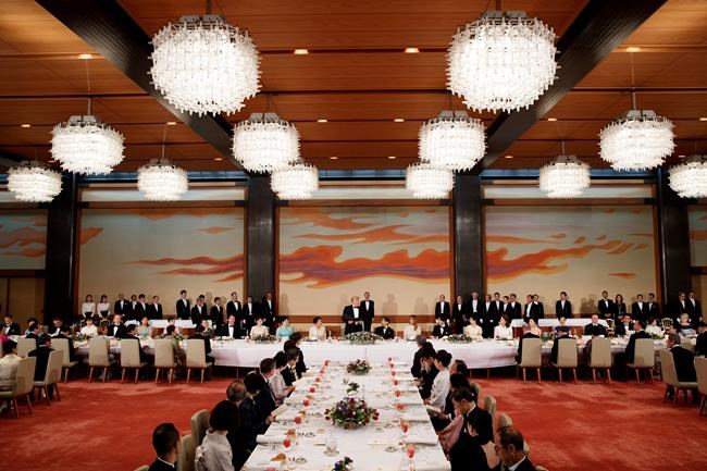 U.S. President Donald Trump speaks during a State Banquet hosted by Japanese Emperor Naruhito at the Imperial Palace, Monday, May 27, 2019, in Tokyo. (AP Photo/Evan Vucci)