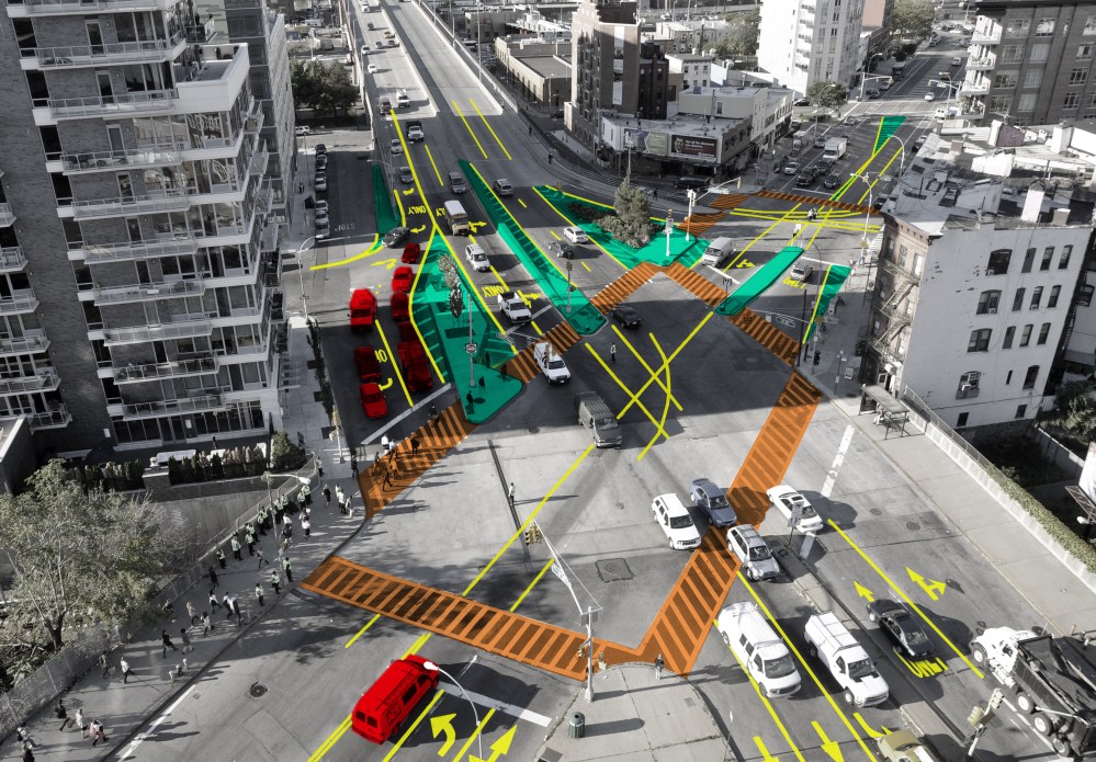 New York City's Vision Zero includes multiple ways to make streets safer, including clearer lane designations and crosswalks, and pedestrian safety islands.