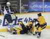 Mark Zaleski / The Associated Press
Winnipeg Jets defenceman Tyler Myers (57) collides with Nashville defenceman Anton Volchenkov (20) as centre Craig Smith, right, looks for the puck in the first period of Thursday's game in Nashville, Tenn. It's too early to tell what will be the real impact of the trade that brought Myers to Winnipeg, Gary Lawless writes.