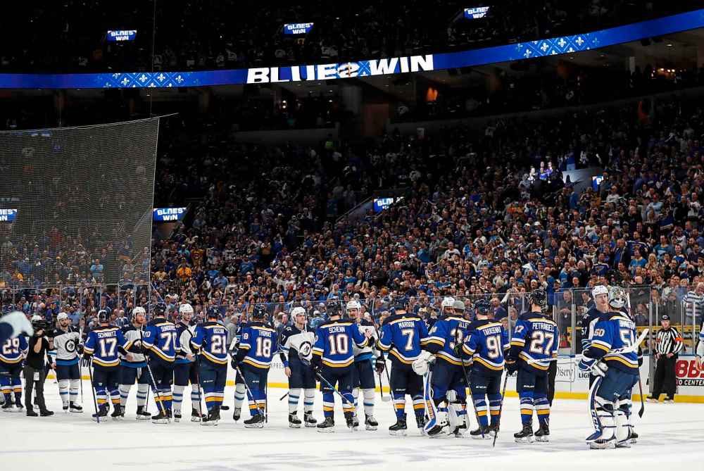 CP
Members of the St. Louis Blues and the Winnipeg Jets shake hands following Game 6 of an NHL first-round hockey playoff series, Saturday, April 20, 2019, in St. Louis. (AP Photo/Jeff Roberson)