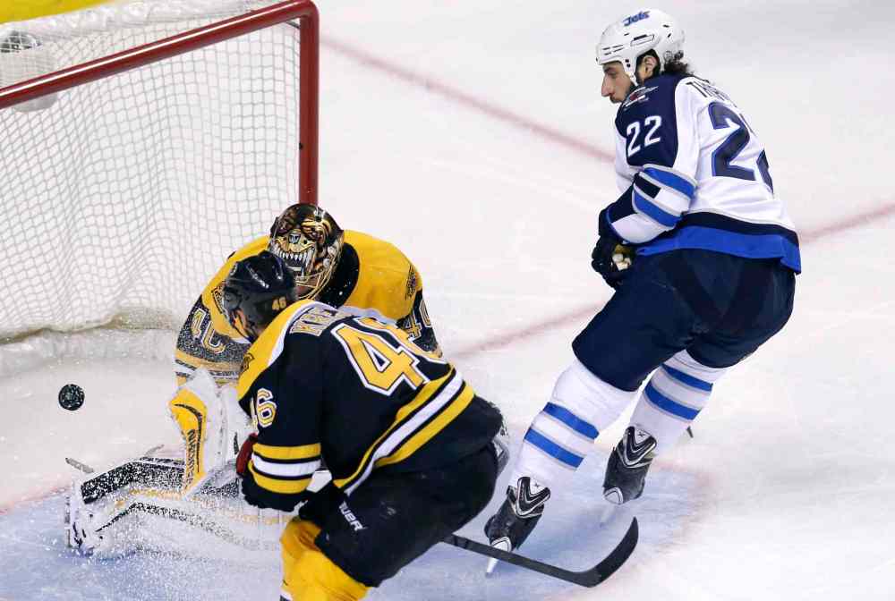 AP Photo/Charles Krupa
Winnipeg Jets right wing Chris Thorburn (22) looks back as he scores against Boston Bruins goalie Tuukka Rask, of Finland, during the third period.