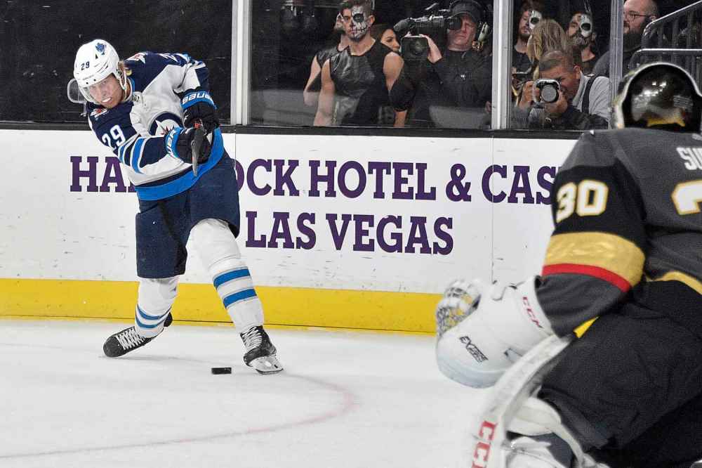 Winnipeg Jets right wing Patrik Laine (29) shoots against Vegas Golden Knights goaltender Malcolm Subban during the first period of an NHL hockey game Saturday, Nov. 2, 2019, in Las Vegas. (AP Photo/David Becker)