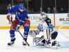 AP Photo/Kathy Kmonicek
Winnipeg Jets goalie Michael Hutchinson (34) blocks a shot on goal by New York Rangers left wing Rick Nash (61) during the second period of an NHL hockey game on Tuesday, Oct. 13, 2015, in New York.