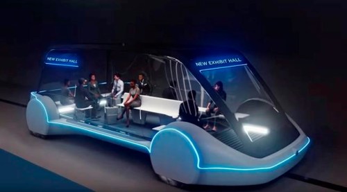 This undated conceptual drawing provided by The Boring Company shows a high-occupancy Autonomous Electric Vehicle (AEV) that would run in a tunnel between exhibition halls at the Las Vegas Convention Center proposed for Las Vegas. Entrepreneur Elon Musk's dream of a tunnel transit system may finally become a reality in Las Vegas. Tourism officials in Sin City announced Wednesday, March 6, 2019, they might soon grant him a contract to build and operate a mile-and-a-quarter-long project with autonomous electric vehicles to move people around a mega convention center. (The Boring Company via AP)