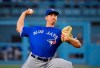 Toronto Blue Jays starting pitcher Jacob Waguespack throws during the first inning of the team's baseball game against the Los Angeles Dodgers on Thursday, Aug. 22, 2019, in Los Angeles. (AP Photo/Mark J. Terrill)