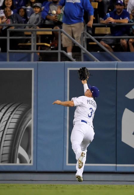 Los Angeles Dodgers right fielder Joc Pederson makes the catch on a ball hit by St. Louis Cardinals' Andrew Knizner during the seventh inning of a baseball game Tuesday, Aug. 6, 2019, in Los Angeles. (AP Photo/Mark J. Terrill)