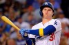 Los Angeles Dodgers' Joc Pederson swings a bat that was given to him by former Dodger Andre Ethier as he bats during the third inning of a baseball game against the San Francisco Giants Saturday, Sept. 7, 2019, in Los Angeles. (AP Photo/Mark J. Terrill)