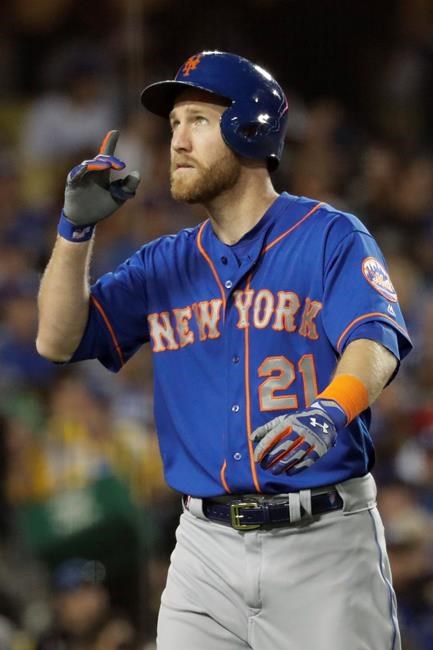 New York Mets' Todd Frazier celebrates after his home run against the Los Angeles Dodgers during the fourth inning of a baseball game in Los Angeles, Tuesday, May 28, 2019. (AP Photo/Chris Carlson)