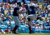 San Diego Padres' Fernando Tatis Jr., right, celebrates with Eric Hosmer after hitting a three-run home run during the fifth inning of a baseball game against the Los Angeles Dodgers, Sunday, July 7, 2019, in Los Angeles. (AP Photo/Mark J. Terrill)