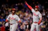 CORRECTS TO EIGHTH INNING, INSTEAD OF SEVENTH - Philadelphia Phillies' Bryce Harper, right, gestures after hitting a two-run home run, next to Jean Segura, during the eighth inning of the team's baseball game against the Los Angeles Dodgers on Saturday, June 1, 2019, in Los Angeles. (AP Photo/Mark J. Terrill)