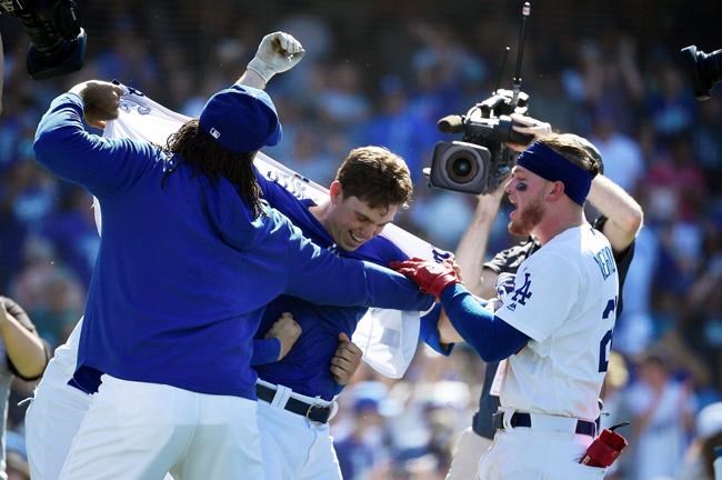 Los Angeles Dodgers' Will Smith, center, has his shirt ripped off by Kenley Jansen, left, and Alex Verdugo after hitting a two-run walkoff home run during the ninth inning of a baseball game against the Colorado Rockies, Sunday, June 23, 2019, in Los Angeles. (AP Photo/Mark J. Terrill)