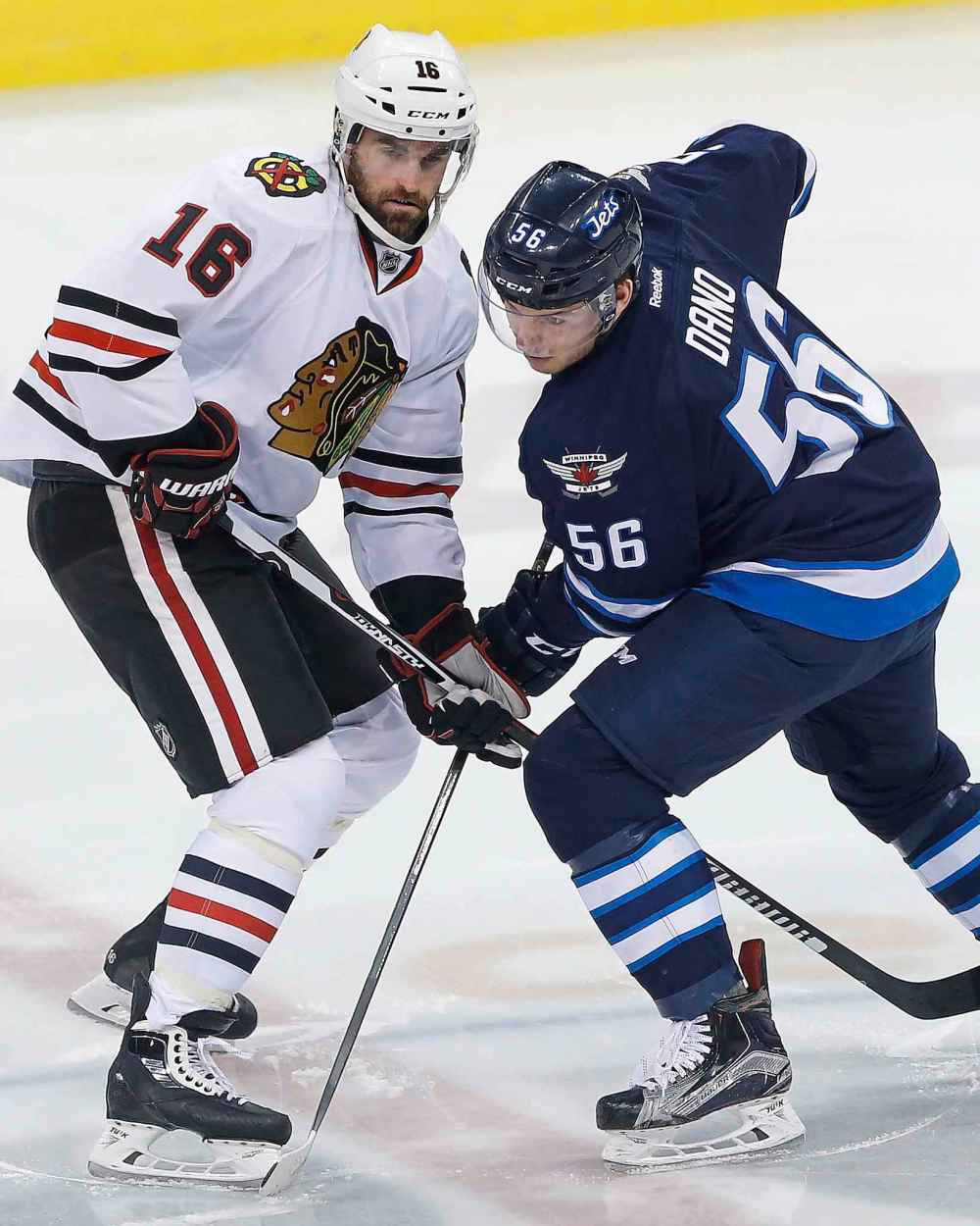 JOHN WOODS / THE CANADIAN PRESS FILES
Andrew Ladd left, was traded by the Jets to the Chicago Blackhawks at the NHL trade deadline for young prospect Marko Dano, right, and a first round draft pick that would become Logan Stanley.
