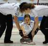 CP
Skip Kaitlyn Lawes deliver her stone as her front end of lead Dawn Askin,second Jill Officer brush her stone during her semi-final win over Heather Nedhoin 9-5 to advance to the finals at the Capital One Canada Cup Curling action in Moose Jaw, Sask., on Saturday.