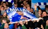 Fans in the stands hold a tribute to Emiliano Sala ahead of the English Premier League soccer match between Southampton and Cardiff City at St Mary's Stadium, Southampton, England, Saturday Feb. 9, 2019. (Mark Kerton/PA via AP)