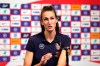 England's Jill Scott speaks during the press conference at Wembley Stadium, London, Friday Nov. 8, 2019. Returning to play at Wembley Stadium for a third time is a chance for Jill Scott to reflect. Scott using another visit by Germany on Saturday to bask in the advances in women’s soccer in England. (Steven Paston/PA via AP)