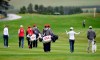 Team USA's Brittany Altomare, second right, gestures as she walks up the 1st fairway during the preview day ahead of the 2019 Solheim Cup at Gleneagles Golf Club, Scotland, Monday Sept. 9, 2019. (Ian Rutherford/PA via AP)