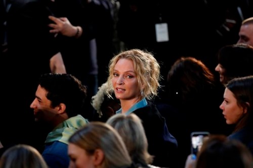 Actress Uma Thurman attends the Lanvin ready to wear Fall-Winter 2019-2020 collection, that was presented in Paris, Wednesday, Feb. 27, 2019. (AP Photo/Christophe Ena)