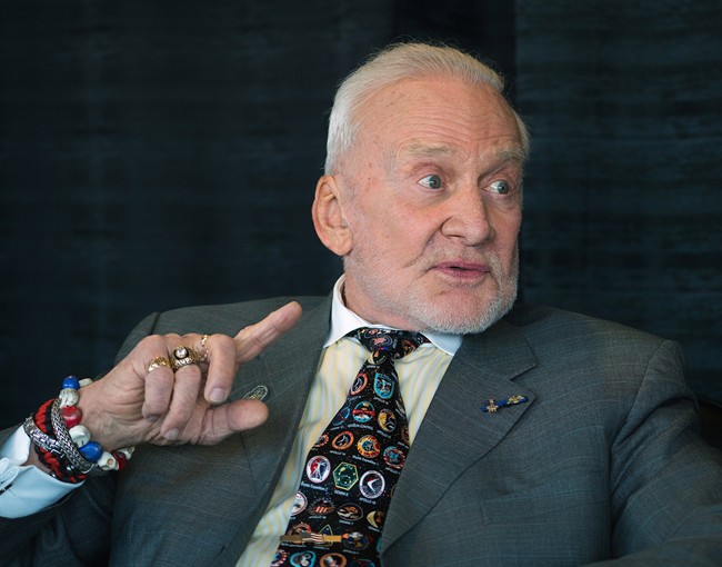 Retired astronaut Col. Buzz Aldrin talks about his own extraordinary stories of leadership as one of the keynote speakers at the Greatness in Leadership business management event in Lethbridge, Alberta on Tuesday, February 23, 2016. THE CANADIAN PRESS/David Rossiter