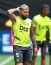 Brazil's Flamengo Gabriel Barbosa attends a training session on the pitch of the Peruvian Soccer Federation, in Lima, Peru, Friday, Nov. 22, 2019. Flamengo will play Argentina's River Plate in the Copa Libertadores final match on Saturday. (AP Photo/Martin Mejia)