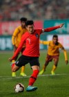 South Korea's Son Heung-min scores from a penalty against Sri Lanka during their Asian zone Group H qualifying soccer match for the 2022 World Cup at Hwaseong Sports Complex in Hwaseong, South Korea, Thursday, Oct. 10, 2019. (AP Photo/Lee Jin-man)