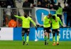 Lille's Nicolas Pepe, right, celebrates with teammates after scoring his side's second goal of the game during a French League One soccer match between Olympique Marseille and Lille at the Stade Velodrome in Marseille, France, Friday, Jan. 25, 2019. (AP Photo/Claude Paris)