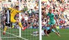 Arsenal's Pierre-Emerick Aubameyang, right, scores his side's second goal of the game during their English Premier League soccer match against Burnley at Turf Moor, Burnley, England, Sunday, May 12, 2019. (Nigel French/PA via AP)