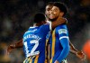 Shrewsbury Town's Josh Laurent celebrates scoring his side's second goal of the game during their English FA Cup fourth round replay soccer match against Wolverhampton Wanderers at Molineux, Wolverhampton, England, Tuesday, Feb. 5, 2019. (Martin Rickett/PA via AP)